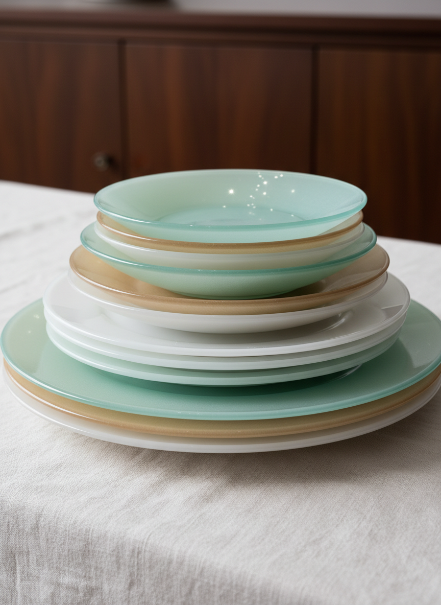 An arrangement of stacked glass plates and shallow dishes in translucent sea-glass hues—pale aqua, foggy white, and warm sand—resting on a linen-draped table. The glass has a satin-matte exterior with a glossy interior, edges finely beveled so they catch points of light. Overcast daylight filters from above, creating soft, even illumination with minimal shadows and emphasizing the subtle gradients within each layer of glass. In the softly blurred background, a hint of a dark walnut sideboard adds contrast. Photographic realism, captured from a close, slightly low angle to accentuate the layered silhouettes, conveying a serene, coastal-inspired sophistication.