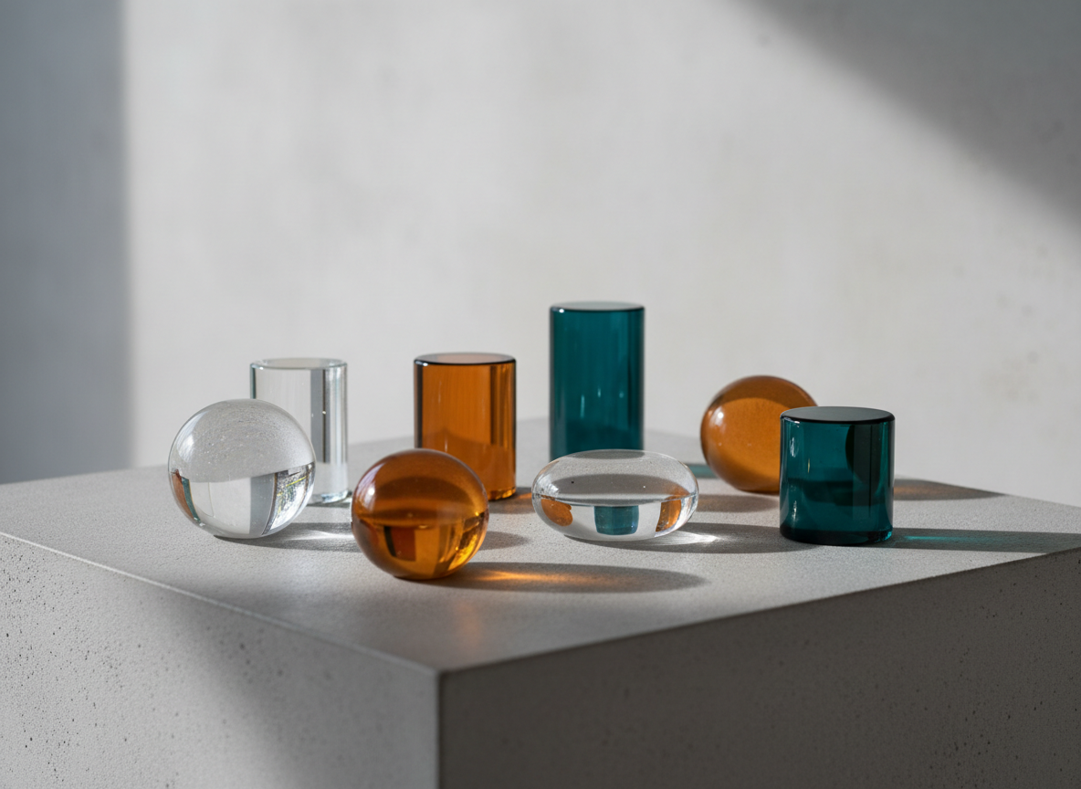 A set of small, sculptural glass objects—simple geometric forms like spheres, cylinders, and oblong pebbles—in clear, amber, and deep teal glass, scattered with intention across a matte concrete plinth. Each piece has perfectly polished surfaces and weighty proportions, catching pinpoints of light along their edges. Cool, diffused skylight from above creates subtle gradients within the colored glass and soft overlapping shadows on the concrete, emphasizing form and volume. The background is a blurred expanse of pale gray wall, keeping attention on the objects. Photographic realism, captured from a low, side angle with medium depth of field, creating a contemplative, museum-like atmosphere that feels quietly intellectual and sophisticated.