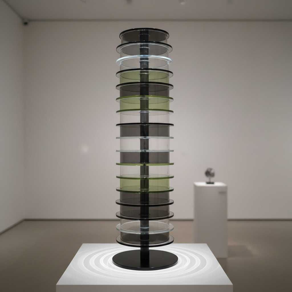 A tall, cylindrical glass sculpture composed of layered transparent discs in varying diameters and shades of clear, smoke, and pale olive, rising from a black steel base. The discs are perfectly aligned but separated by slim gaps so light slices between them, creating a vertical column of shifting reflections. Cool, controlled gallery lighting from two opposing sides accentuates the edges, producing razor-thin highlights and nested, circular shadows on the white plinth below. The background is a softly blurred exhibition wall with a very faint suggestion of another plinth in the distance. Photographic realism, shot from a low angle to enhance height and presence, exuding a poised, architectural sophistication.