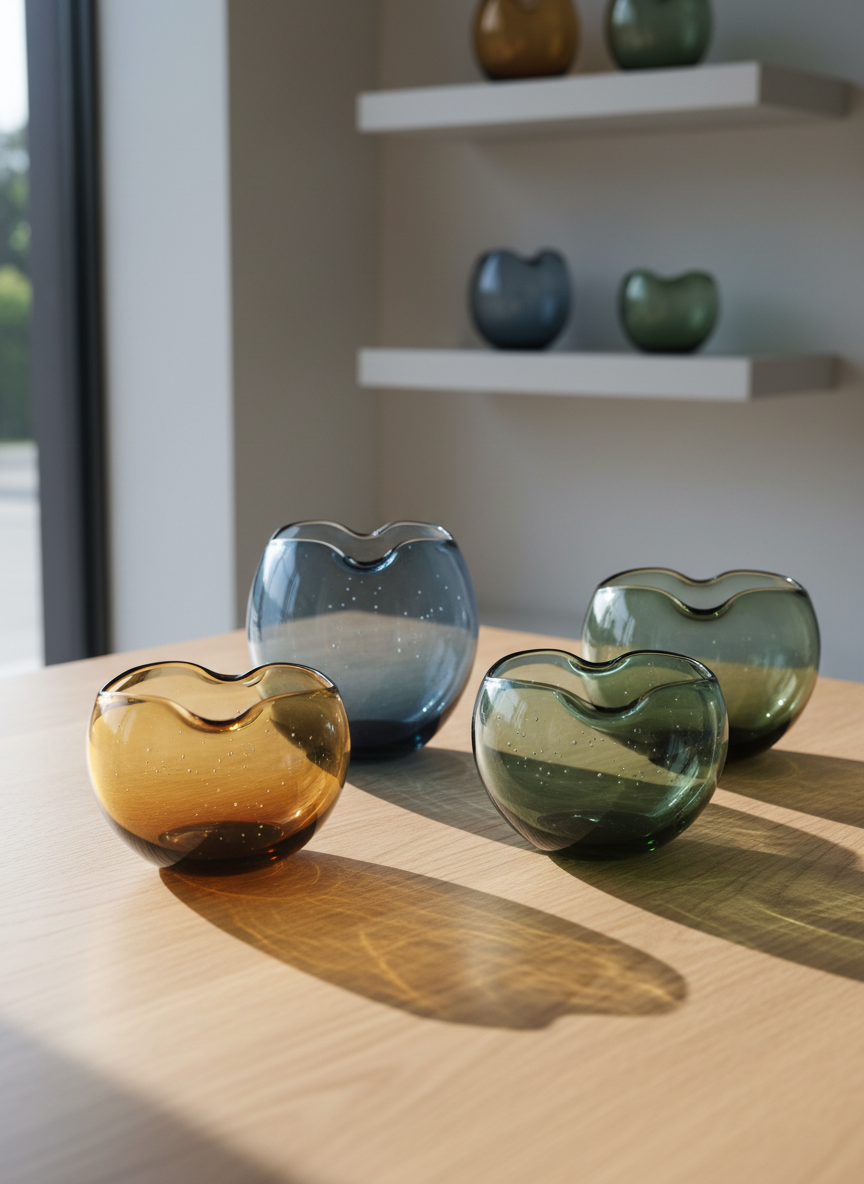 A collection of modern heirloom glass bowls and carafes in muted jewel tones—amber, slate blue, and moss—arranged on a warm, pale oak table. Each piece has subtly different wall thickness, with gently undulating rims and tiny captured air bubbles that shimmer within the glass. Soft, diffused morning light from a large window to the left creates overlapping pools of colored reflections on the tabletop, casting refined, delicate shadows. In the blurred background, minimalist white shelving holds a few additional glass pieces, maintaining an uncluttered, gallery-like atmosphere. Photographic realism, captured from a slightly elevated angle using the rule of thirds, with a calm, contemplative mood that highlights craftsmanship and light play.