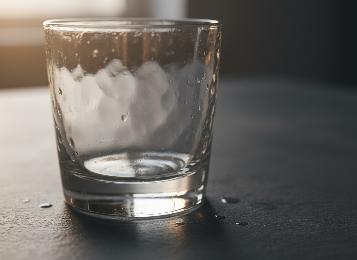 A close-up of a thick-walled glass tumbler, crystal clear with a subtle, hand-pressed texture that gently warps the background. It sits on a dark, honed basalt countertop, a thin ring of condensation forming at its base. Late afternoon light enters from the left, cutting across the surface and creating bright, narrow highlights along the tumbler’s rim and faceted base, while the background falls into a soft, velvety blur of charcoal and muted taupe. Photographic realism, macro-inspired shot with extremely shallow depth of field, focusing on the edge of the glass and the tiny droplets of water, evoking cool refinement and understated luxury.