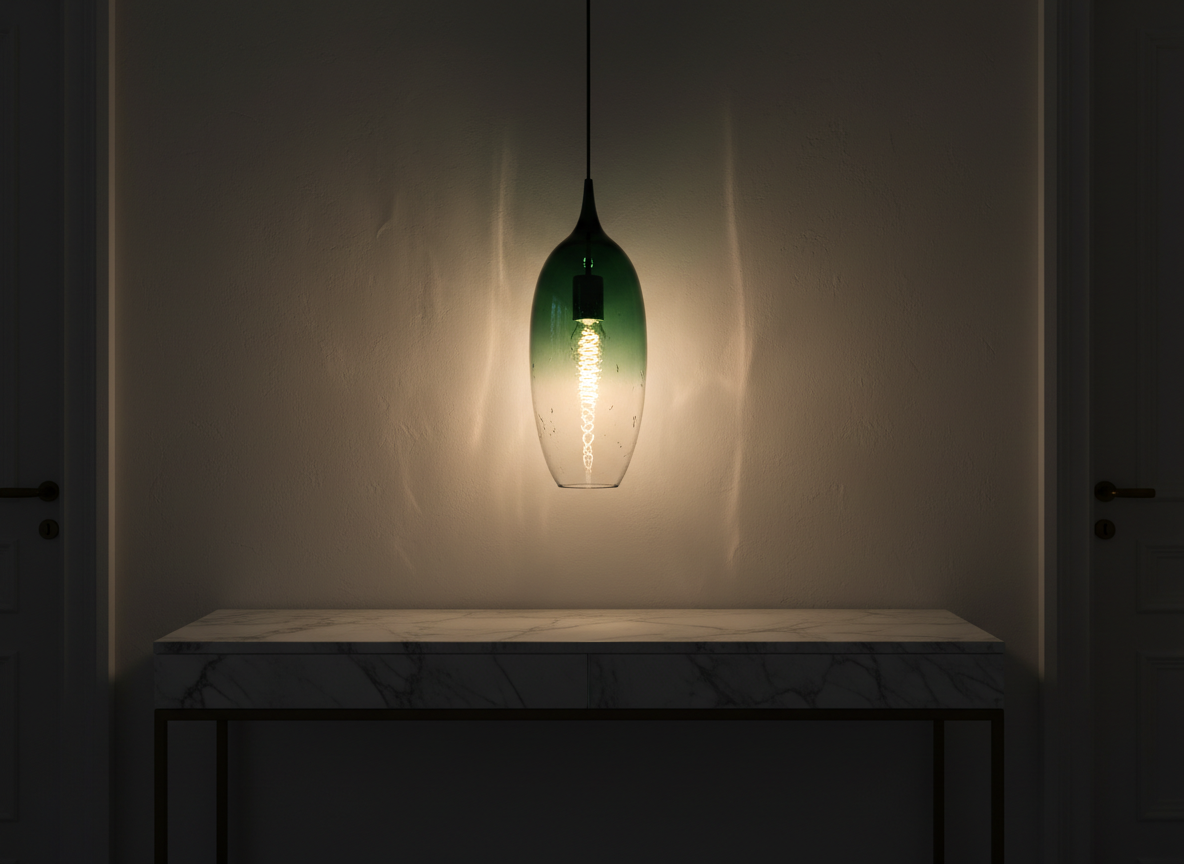 A sculptural glass pendant light, mouth-blown in a deep bottle-green hue that fades to clear at the bottom, hangs centered over a narrow marble console. The shade is elongated and slightly asymmetrical, with faint tool marks visible beneath its glossy surface, suggesting artisanal making. A warm LED filament inside glows softly, sending ribbons of light and shadow through the glass onto the white wall behind. The room is otherwise dim, allowing the pendant to be the primary light source. Photographic realism, shot straight-on at eye level with a medium depth of field, modern and architectural in feel, conveying quiet drama and refined elegance.