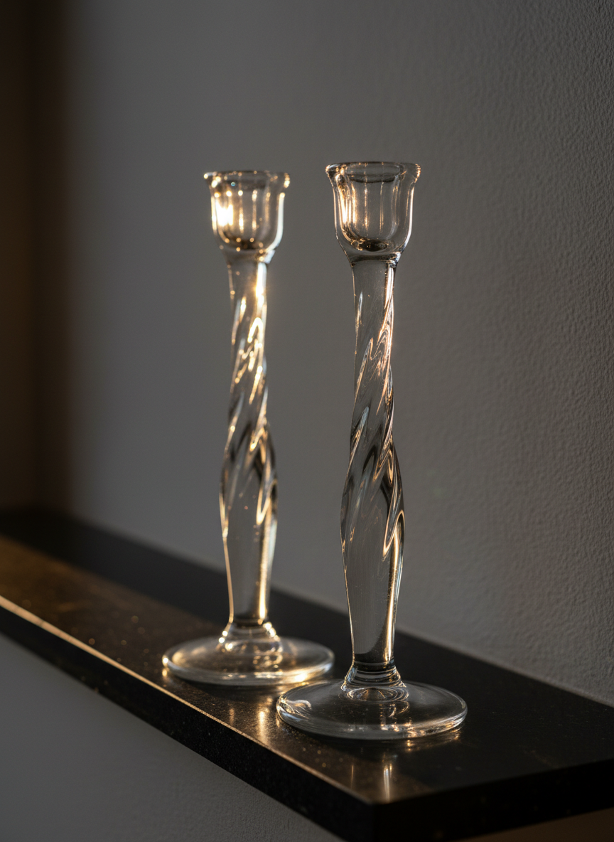 A pair of tall, slender glass candlesticks in clear and soft smoke gray glass positioned on a narrow black stone mantel. The stems twist subtly, catching light along their edges, while the bases are thick and precisely ground, revealing the slight green tint of dense glass. Golden hour sunlight streams in from behind, creating a luminous rim around each contour and refracting into prismatic slivers on the dark stone surface. The background fades into a softly blurred, charcoal-toned wall that enhances the glow of the glass. Photographic realism, shot at a slight three-quarter angle with a shallow depth of field, evoking a sophisticated, intimate, and quietly luxurious mood.