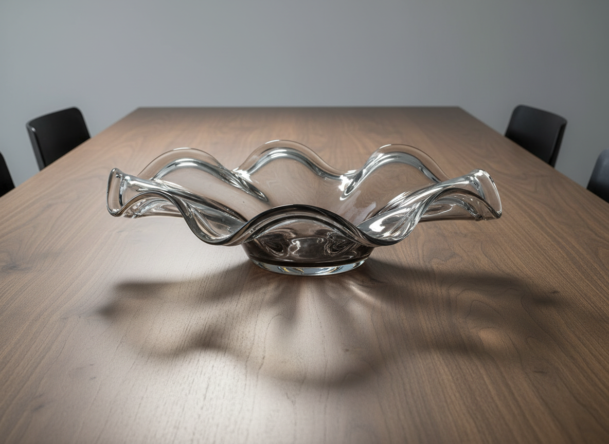 An intricate glass centerpiece bowl with a wide, shallow profile and folded, ribbon-like edges in transparent smoke and clear glass, positioned on a long walnut dining table. The glass appears to be in motion, with delicate gradations of gray pooling toward the center. Soft, directional studio lighting from above and slightly to the front creates clean reflections along the folded rims and a strong, elegant shadow that mirrors the bowl’s shape on the tabletop. The background shows a blurred suggestion of a minimal dining space: dark chairs and a pale wall. Photographic realism, shot from a slightly elevated angle with precise focus and a composed, gallery-catalog mood.